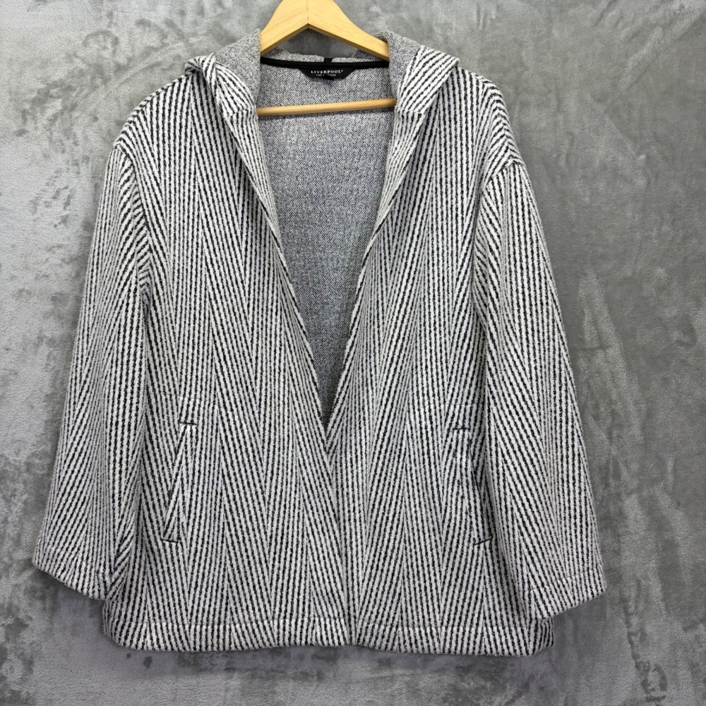 Liverpool Los Angeles Womens S Black‎ White Stripe Hooded Cardigan Pockets Soft